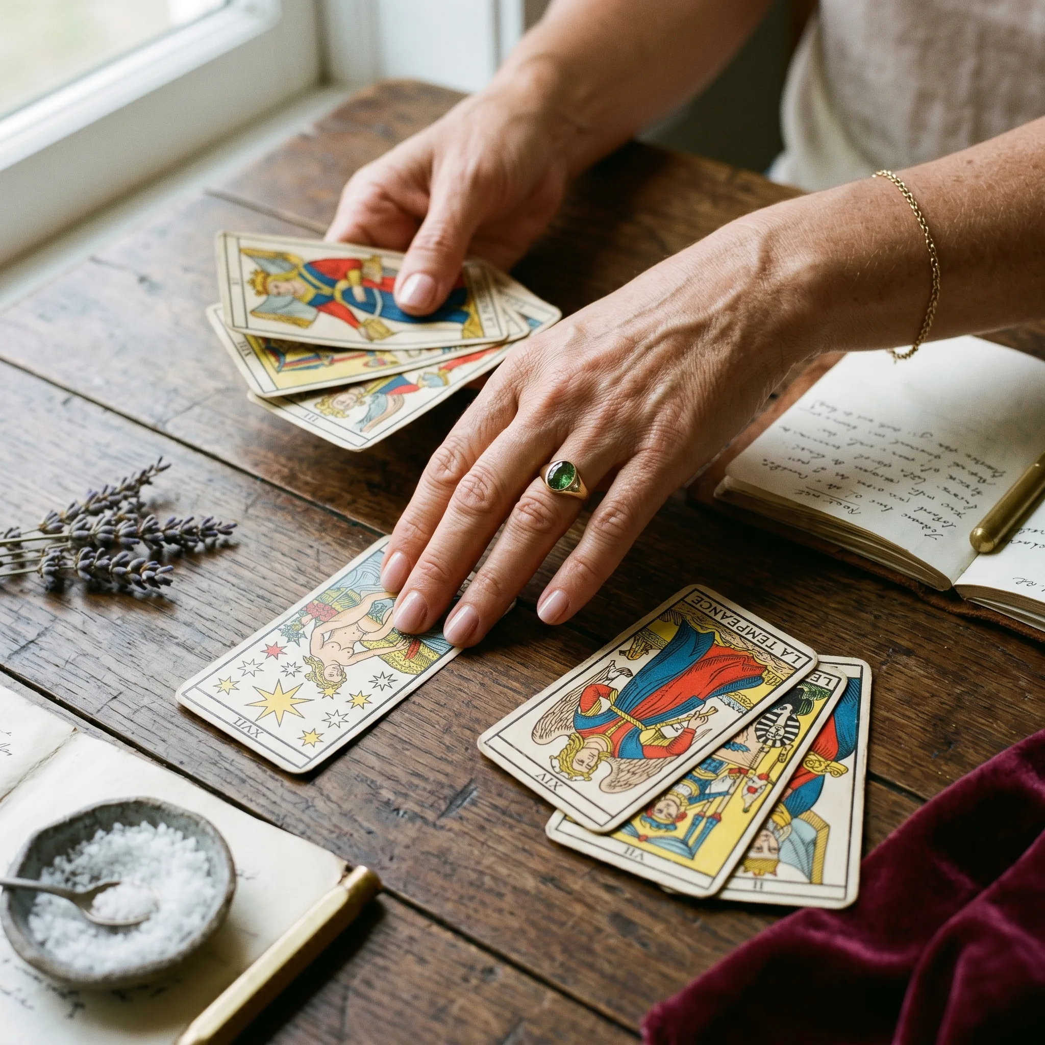 Mains d'Aryelle posant les lames du Tarot de Marseille