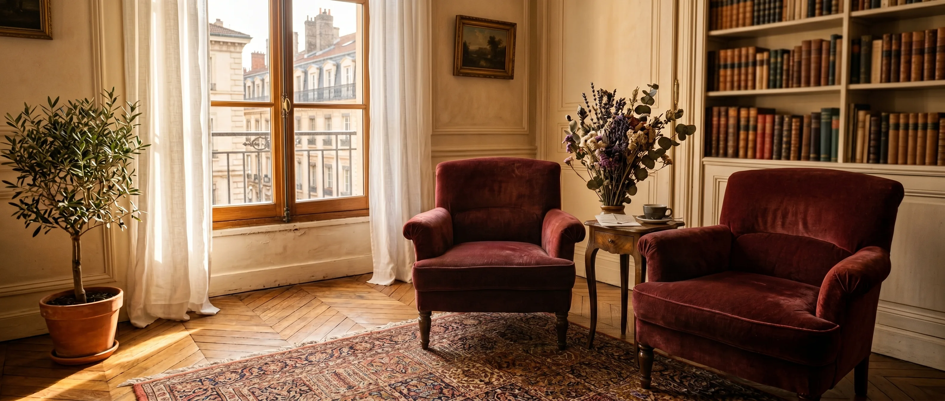 Le salon d'Aryelle, intérieur lyonnais où elle pratique ses consultations